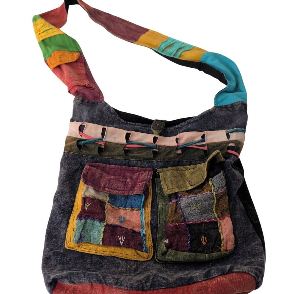 Hobo Sling Bag Multicolor Colorful Hippie Boho Crossbody 100% Cotton Nepal